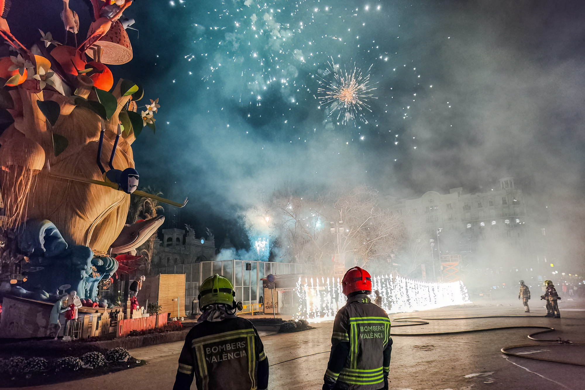 Firefighters and fireworks